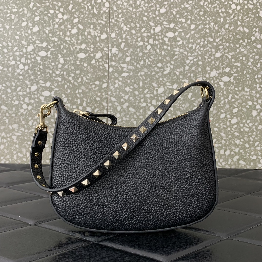 Valentino Garavani Rockstud Mini Hobo Bag in Black Grainy Calfskin